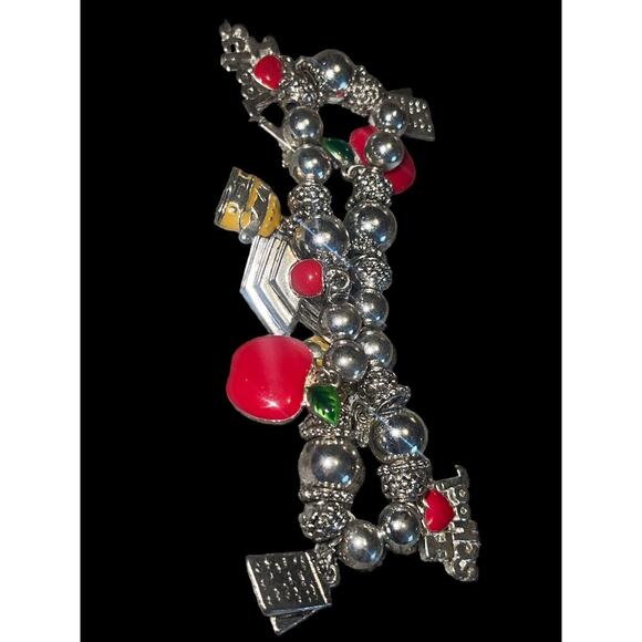 Silvertone Red Apple Yellow Bus Enamel School Teacher Charm Stretch Bracelet - Picture 3 of 3